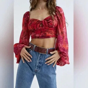 For Love & Lemons Trisha Pink Red Floral Blouson Puff Sleeve Crop Top Size Small